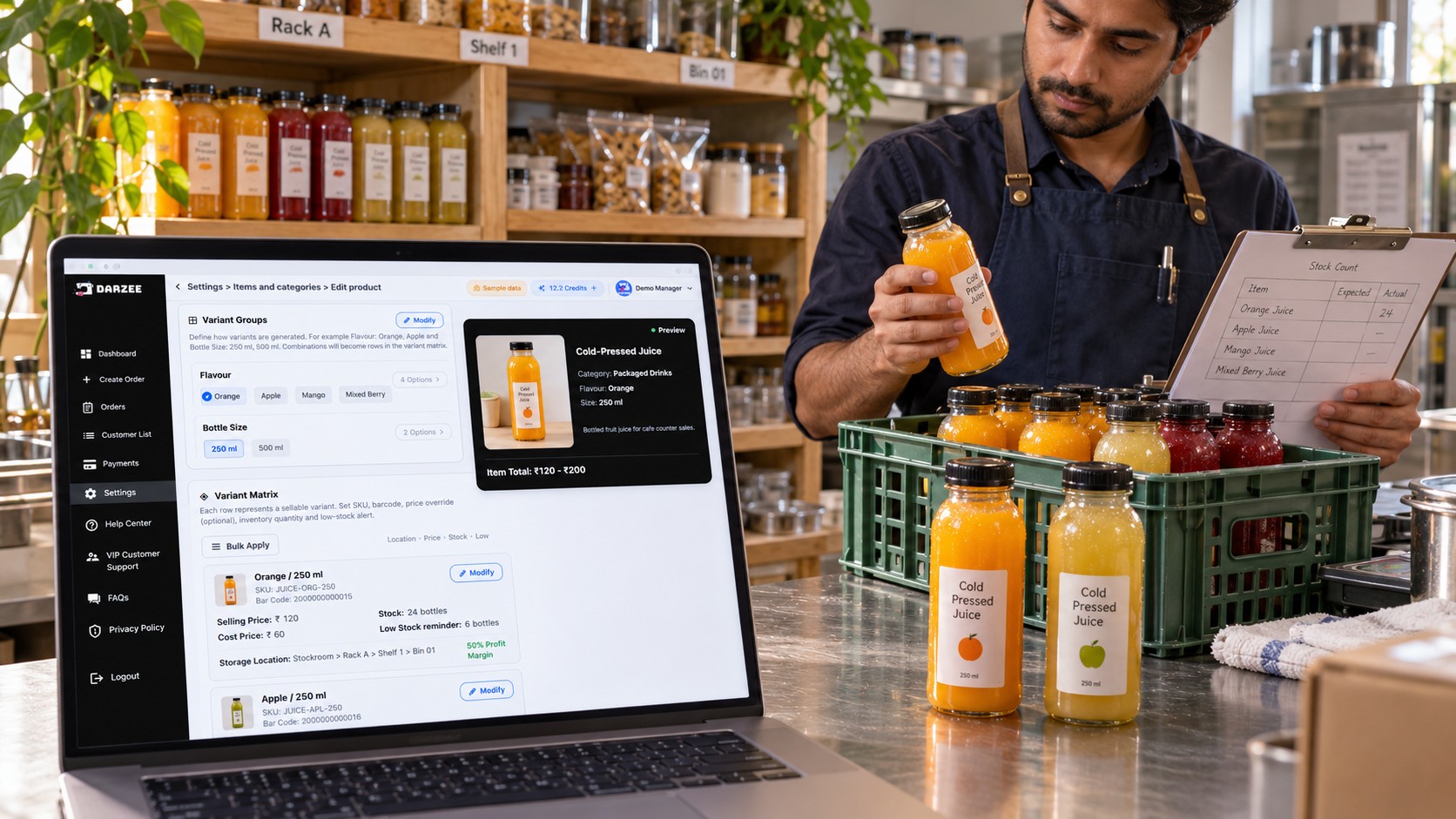 Cafe manager counting bottled juice beside Darzee sample product variants and stock details