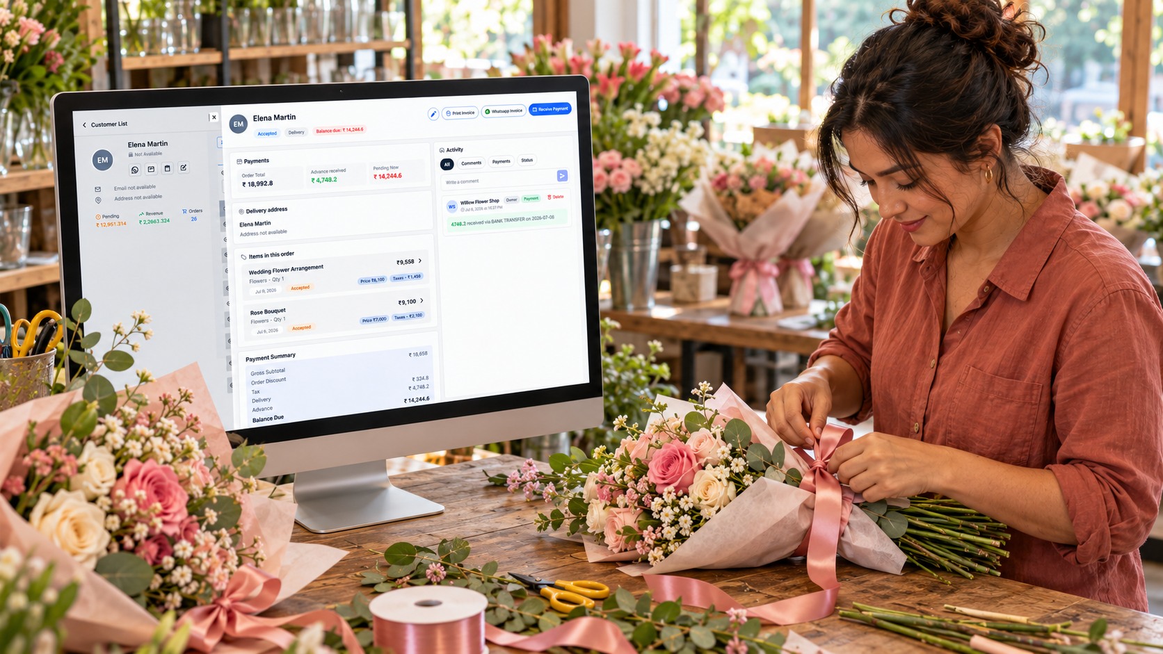 A florist in everyday clothes tying a bouquet beside a monitor showing a Darzee flower order and payment details.