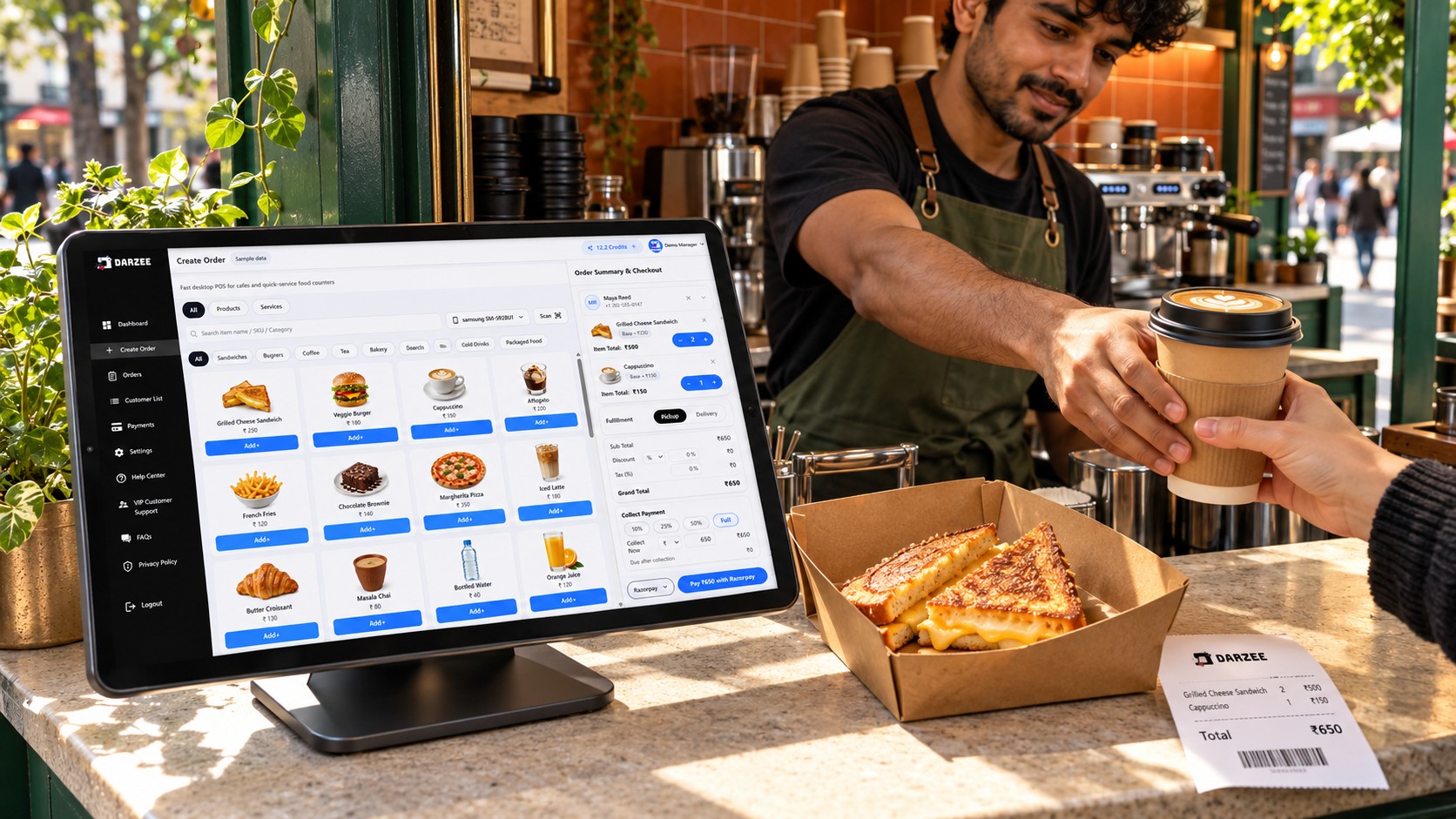 Darzee Create Order screen with sample cafe menu items at a takeaway counter