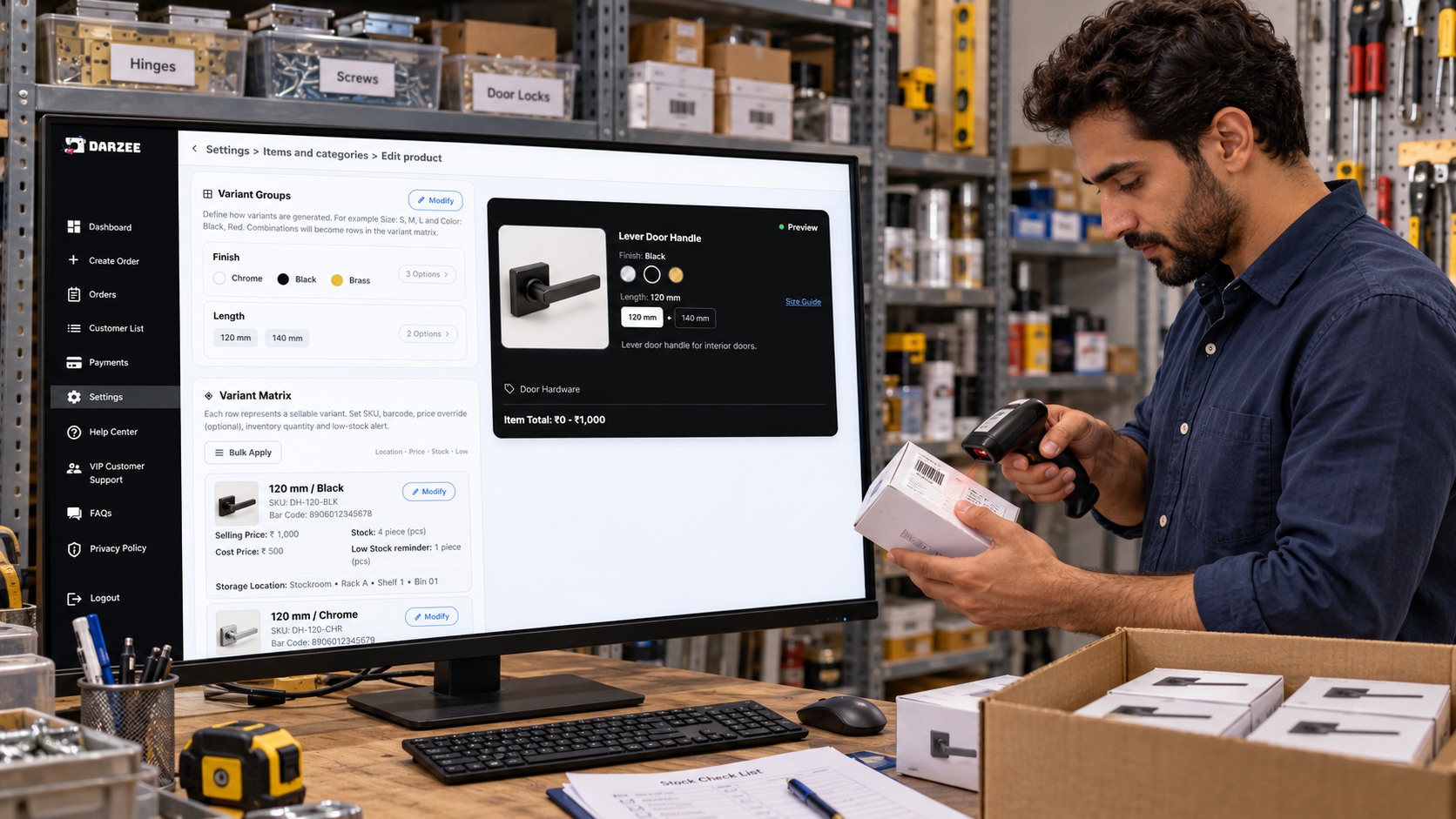 A hardware-store worker scanning a boxed door handle beside a Darzee inventory screen showing product variants, stock quantities and storage location.